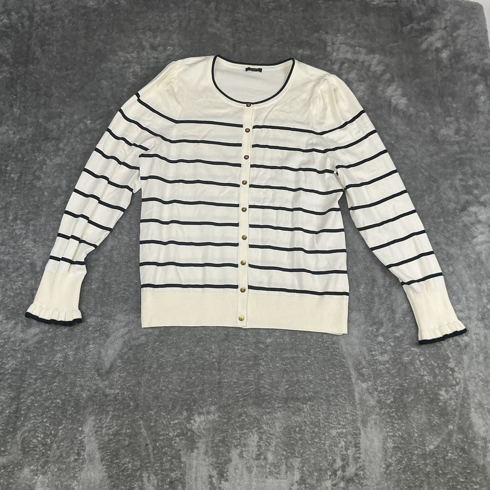 Talbots Striped Ruffle Sleeve Cardigan Size XL Preppy Coastal Gold Button Cream
